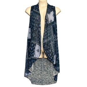 Tru‎ Self Womens Vest Large Duster Blue Paisley Patchwork Boho Country Western